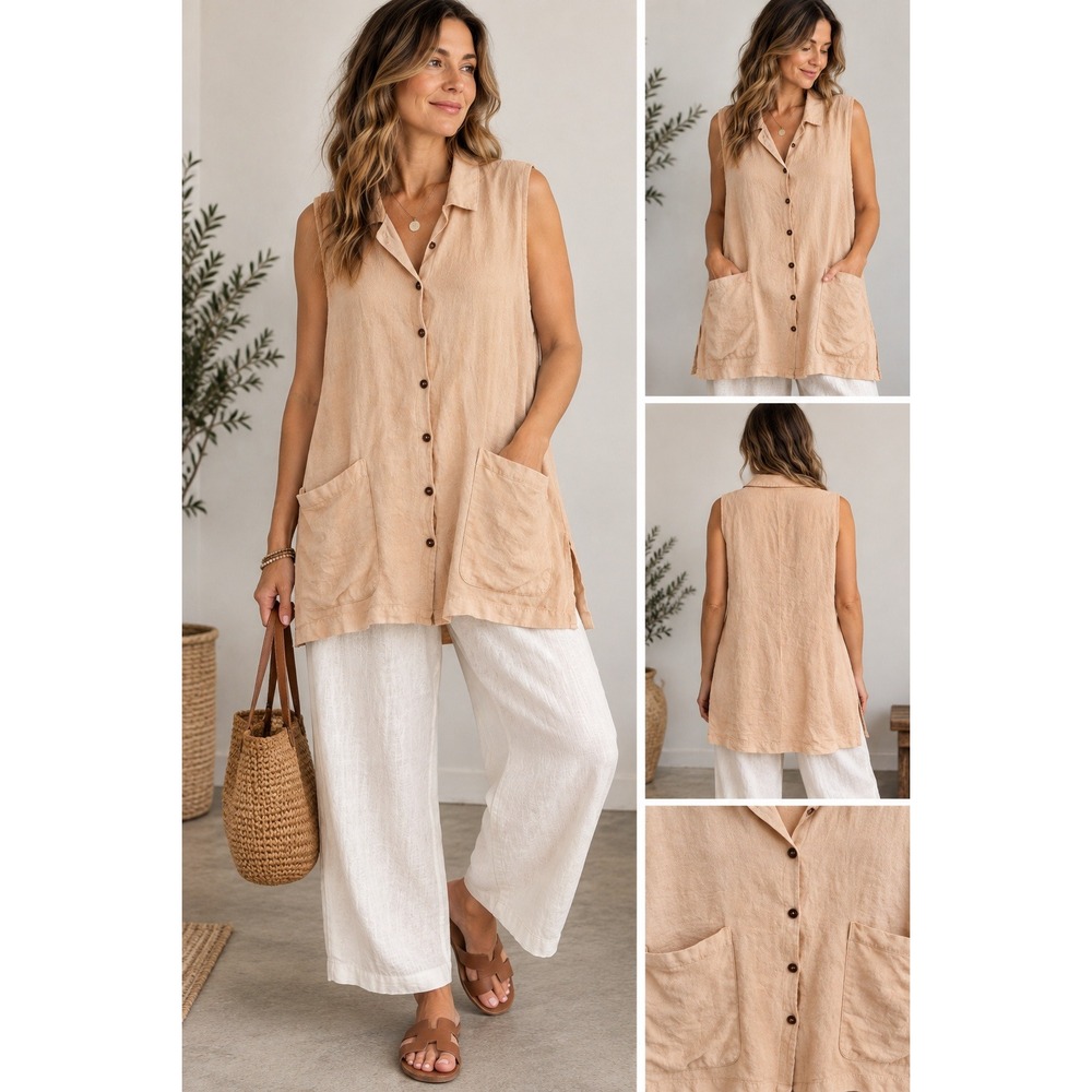Kiko Linen Tunic Top One Size Lagenlook Oversized Button Front Artsy Boho